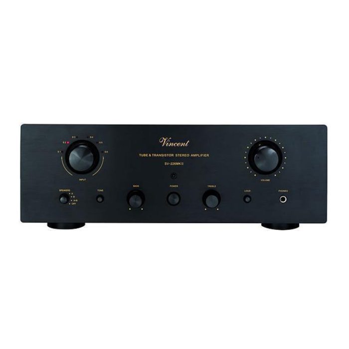 Vincent SV 226 MK II Vincent does it again. The German-based audio company demonstrates an insatiable love of music with the hybrid SV-226 integrated amplifier. Whether it’s the liquid glide of a classic Duke Ellington recording or hammering hip hop rhythms, the Vincent SV226 makes all of your tunes sound true to life. Expensive MPK-capacitors and extremely precise metal film resistors in the signal path contribute to the sonic purity. The heavy duty chassis provides a stable platform for the premium electronics. The SV-226 includes inputs for five line level sources, a preamp output, and four pairs of heavy duty five-way speaker binding posts to facilitate biwiring. The tone controls let you sculpt the sound to suit your tastes and room acoustics, while a loudness switch helps preserve the dynamics of your music even at low amplitude levels.