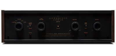 MoonRiver Audio Model-404 ReferenceThe MoonRiver Audio Model-404 Reference is a remote-controlled two-channel integrated amplifier (in Dual Mono configuration), power 2x50wrms at 8 ohms. Accepts modules: Phono Stage MM/MC and Coaxial DAC or USB DAC. Inputs 5x Line (or 4x Line, 1x extra Phono), 1x Tape Loop (1x In, 1x Out), 1x USB (for extra dac board. Outputs: 2x pairs Pre Out, 1x pair Speakers. Made in Sweden.