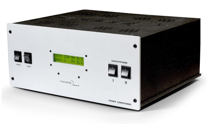 Tsakiridis Devices Super Athena Tsakiridis Devices Super Athena - Filter - Isolator - Conditioner Super Athena is a line conditioner that includes everything needed to provide the best power supply to sound systems. Super Athena provides 2 direct line outlets, 4 line balance filter outlets and 4 balance isolated outlets. The filter included protects from surge voltages (lightnings etc) and eliminates all parasitic currents superimposed on the power network. Super Athena includes an isolation transformer (optional) to provide clean and isolated power to the sound sources. Also a power choke ensures that your power amplifiers will have a surplus of power when they need it. One more feature of Super Athena is the power factor correction. At the front panel there is an informative LCD display to monitor all power parameters. Super Athena has a bluetooth data sender to communicate with smartphones (an application is provided by Tsakiridis-Devices). As with all our products we provide a 5 year guaranty for our line conditioners.
