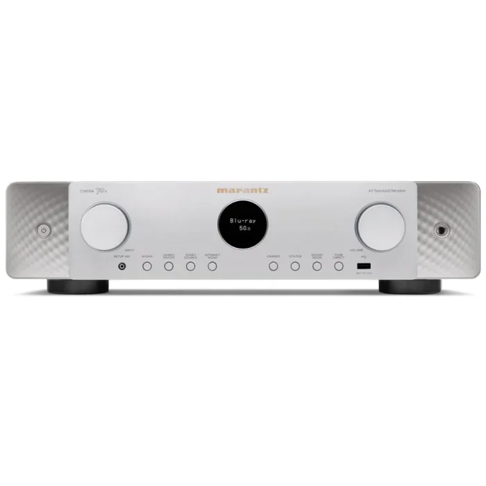 Marantz CINEMA 70s Slimline 7.2 Performance, Technology and Slim Design The CINEMA 70s is a multi-talented, slim-line AV amplifier. With 7.2 channels and 50 Watts per channel, Dolby Atmos, DTS:X and 8K Ultra HD as well as the well-known HEOS network platform for multiroom connectivity. It looks discreet in appearance, but remains an AV receiver with high capacity. · Slim Design · 7.2 Channels · 50 Watts per Channel · 6 HDMI Inputs and eARC · 8K & Dolby Atmos · HEOS Built-in The CINEMA 70s features the latest immersive audio formats, 8K video, room acoustic optimization, streaming and more technologies to simplify and elevate your enjoyment. Performance The CINEMA 70s has been meticulously engineered by Marantz’s global Sound Master team for outstanding performance with our exclusive HDAM amplification circuit to create the most Musical Sound in your home! Slim Design and Style Excellence is heard and seen. The CINEMA 70s’ sleek design makes it less than half the height of many receivers, yet the design remains luxurious with every element carefully selected. Tailored to your preferences Multiple connection options and precise adjustment of settings allow you to configure the CINEMA 70s exactly how you want it. Easy to operate and install The included remote control, easy front panel settings and intuitive on-screen setup process make you feel like an expert user right away. Compatibility Six HDMI inputs, plus digital, analog and phono inputs, as well as speaker and preamp outputs ensure connections to any other device you may have.