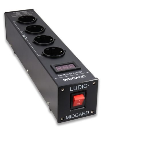 LUDIC Midgard Power netfilter Aluminium Ludic welcomes another power filter to the Ludic Power Filter Series family, we call it the Midgard and is your key to a clean grid, and can generate smooth voltage and current. A clean and efficient power system normally generates a stable current waveform, but the modern electric equipment used in today’s equipment benefits us with greater convenience as well as cost savings from higher production efficiency, but this generates also some power problems, think not only about your audio equipment but also computers, led lights and more..in your house, all connected on the same group. However, this can also bring significant wave currents and unbalanced loads, distortion, reactive power impact, that tend to cause power quality problems in our home power systems, Ludic Midgard gives you the power improvement, with filter noise reduction , leakage Protection, and lightning protection, and It also adopts an overload protection, the Ludic Midgard is a great solution to get rid off harmonic distortion, voltage and current distortion. The Midgard is compact in design, durable and provides a flexible installation method for users to efficiently manage their space, we use therefore 4 power sockets in Midgard, the power filter is also mounted with an easy to read red-color display to monitor the current load on the Midgard. Midgard use a big on/off led power button that is easy to use with big or small fingers for an instant on/off solution. Improve your power quality at home with the Ludic Midgard Power Filter.