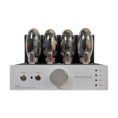 Tsakiridis Devices AEOLOS UltraClass AB1 2x70W Aeolos Ultra is an Integrated amplifier with 4 inputs and one pre output. It’s design is a push-pull configuration implementing 2 power tubes per channel in class AB1 operation and dual-mono power supply. All electronic components are through hole type soldered by hand. Aeolos Ultra utilizes our 8 layer handmade output transformers with high quality core for superb sound quality.