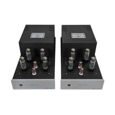 Tsakiridis Devices ApollonApollon implements a dual push-pull configuration for each channel allowing it to draw large amounts of power from the power tubes. So Apollon can drive easily power hungry loudspeakers. Gold plated RCA and XLR connectors are implemented for the signal input and high quality binding posts for the loudspeakers. The XLR balanced input is pseudo balanced. True balanced XLR input can be provided upon request.
Carefully selected values and types of the electronic components contribute to the reliable circuits operation and the high sound quality of the amplifier.
The meticulous PCB design ensures excellent behavior in SNR and distortion.
Inner signal wiring with high quality shielded signal cable. Power wiring uses high quality copper cables of more-than-needed AWG gauge, to achieve low impedance power transfer. All power cables are twisted in pairs to minimize the electromagnetic interference.
The handmade multilayer output transformers allow the amplifier to reveal the sound stage and all the music details through the entire audio spectrum.
Made by us and tested thoroughly for quality and reliability.
The same applies to the power transformer. The positioning of the transformers is such that minimizes the magnetic coupling between power and output transformers.