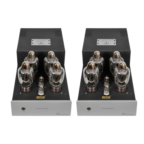 Tsakiridis Devices Apollon Ultima Apollon Ultima Class AB1 2x200W Apollon Ultima is a power amplifier in monoblock configuration. It’s design is a double push-pull implementing 4 power tubes per monoblock. All electronic components are through hole type soldered by hand. Apollon Ultima utilizes our top of the line 16 layer handmade output transformers with high quality core for superior sound quality. Apollon Ultima implements a dual push-pull configuration for each channel allowing it to draw large amounts of power from the power tubes. So Apollon Ultima can drive easily power hungry loudspeakers. Gold plated RCA and XLR connectors are implemented for the signal input and WBT-0710 Next Gen binding posts for the loudspeakers. The XLR balanced input is pseudo balanced. True balanced XLR input can be provided upon request. Carefully selected values and types of the electronic components contribute to the reliable circuits operation and the high sound quality of the amplifier. Metal film power resistors and Mundorf Supreme silver gold oil signal capacitors are used in Apollon Ultima. The meticulous PCB design ensures excellent behavior in SNR and distortion. Inner signal wiring with high quality shielded signal cable. Power wiring uses high quality copper cables of more-than-needed AWG gauge, to achieve low impedance power transfer. All power cables are twisted in pairs to minimize the electromagnetic interference. The handmade 16 layer output transformers with high quality copper wire and core material enable the amplifier to reveal an excellent sound stage and the slightest music details through the entire audio spectrum to give you a unique audio experience. Made by us and tested thoroughly for quality and reliability. The same applies to the power transformer. The positioning of the transformers is such that minimizes the magnetic coupling between power and output transformers.