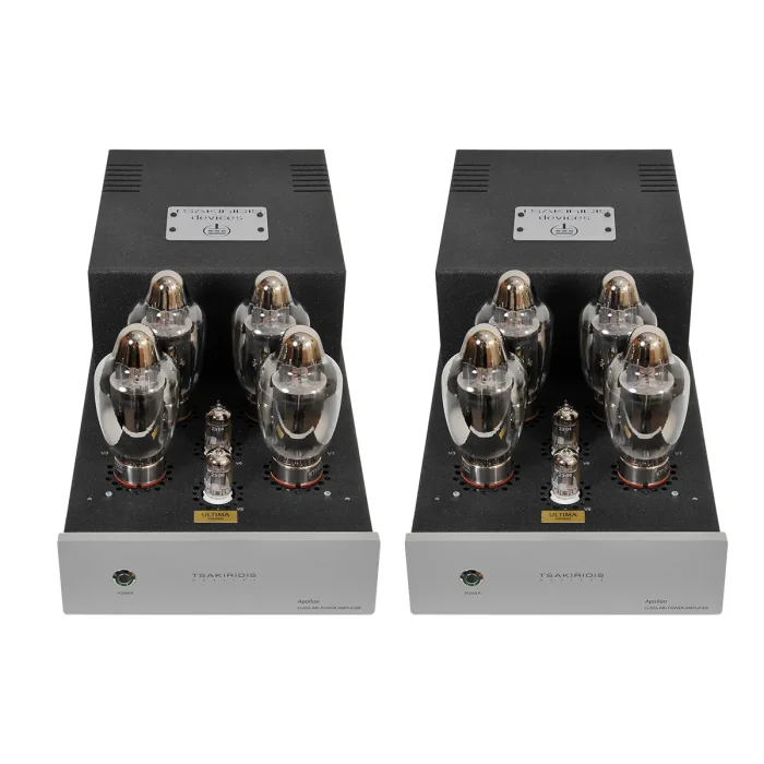 Tsakiridis Devices Apollon Ultima Apollon Ultima Class AB1 2x200W Apollon Ultima is a power amplifier in monoblock configuration. It’s design is a double push-pull implementing 4 power tubes per monoblock. All electronic components are through hole type soldered by hand. Apollon Ultima utilizes our top of the line 16 layer handmade output transformers with high quality core for superior sound quality. Apollon Ultima implements a dual push-pull configuration for each channel allowing it to draw large amounts of power from the power tubes. So Apollon Ultima can drive easily power hungry loudspeakers. Gold plated RCA and XLR connectors are implemented for the signal input and WBT-0710 Next Gen binding posts for the loudspeakers. The XLR balanced input is pseudo balanced. True balanced XLR input can be provided upon request. Carefully selected values and types of the electronic components contribute to the reliable circuits operation and the high sound quality of the amplifier. Metal film power resistors and Mundorf Supreme silver gold oil signal capacitors are used in Apollon Ultima. The meticulous PCB design ensures excellent behavior in SNR and distortion. Inner signal wiring with high quality shielded signal cable. Power wiring uses high quality copper cables of more-than-needed AWG gauge, to achieve low impedance power transfer. All power cables are twisted in pairs to minimize the electromagnetic interference. The handmade 16 layer output transformers with high quality copper wire and core material enable the amplifier to reveal an excellent sound stage and the slightest music details through the entire audio spectrum to give you a unique audio experience. Made by us and tested thoroughly for quality and reliability. The same applies to the power transformer. The positioning of the transformers is such that minimizes the magnetic coupling between power and output transformers.