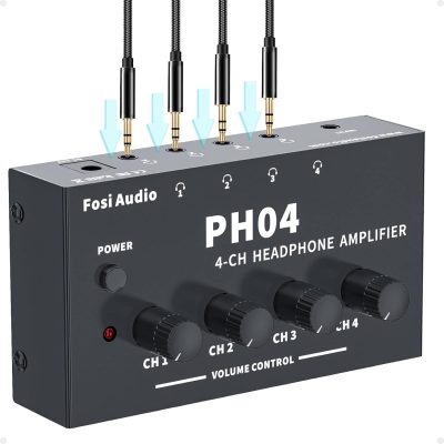 Fosi Audio PH04Fosi Audio PH04 4 Channel Headphone Amplifier
Share a Single Stereo Source: 4 channel amplifier features 4 independent stereo high-power amplifier sections with separate volume knobs for each of up to four outputs, which makes it possible for up to four people to monitor the mix for tracking, live uses and listen to the TV with earbuds while working out.
For Studio and Stage Applications or more: Such an ultra-compact and portable design makes it very suitable for the studio or stage where multiple headphones are used at the same time.
Fantastic Stereo Quality: It is a mini headphone amplifier with 3.5mm (not 6.35mm)input/output that contributes to the smoother connection of output and input, suitable for virtually all types of headphones, creating the highest Stereo audio Quality and eliminating the need for a 6.35 to 3.5mm adapter to connect the headphone power amplifier to the headphone.
Unique Compact design with switch: It is convenient for you to turn on/off the compact headphone power amplifier with a power switch anytime and anywhere, saving energy when enjoying high stereo audio quality.