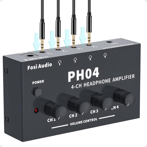 Fosi Audio PH04 Fosi Audio PH04 4 Channel Headphone Amplifier Share a Single Stereo Source: 4 channel amplifier features 4 independent stereo high-power amplifier sections with separate volume knobs for each of up to four outputs, which makes it possible for up to four people to monitor the mix for tracking, live uses and listen to the TV with earbuds while working out. For Studio and Stage Applications or more: Such an ultra-compact and portable design makes it very suitable for the studio or stage where multiple headphones are used at the same time. Fantastic Stereo Quality: It is a mini headphone amplifier with 3.5mm (not 6.35mm)input/output that contributes to the smoother connection of output and input, suitable for virtually all types of headphones, creating the highest Stereo audio Quality and eliminating the need for a 6.35 to 3.5mm adapter to connect the headphone power amplifier to the headphone. Unique Compact design with switch: It is convenient for you to turn on/off the compact headphone power amplifier with a power switch anytime and anywhere, saving energy when enjoying high stereo audio quality.