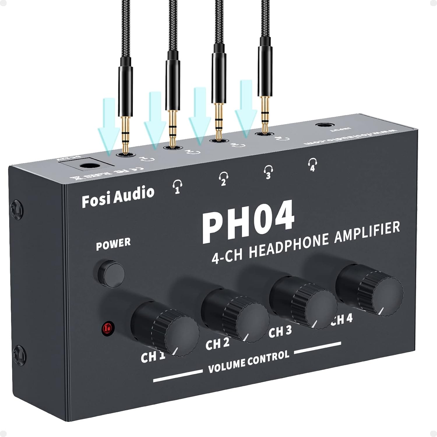 Fosi Audio PH04 Fosi Audio PH04 Fosi Audio PH04 4 Channel Headphone Amplifier Share a Single Stereo Source: 4 channel amplifier features 4 independent stereo high-power amplifier sections with separate volume knobs for each of up to four outputs, which makes it possible for up to four people to monitor the mix for tracking, live uses and listen to the TV with earbuds while working out. For Studio and Stage Applications or more: Such an ultra-compact and portable design makes it very suitable for the studio or stage where multiple headphones are used at the same time. Fantastic Stereo Quality: It is a mini headphone amplifier with 3.5mm (not 6.35mm)input/output that contributes to the smoother connection of output and input, suitable for virtually all types of headphones, creating the highest Stereo audio Quality and eliminating the need for a 6.35 to 3.5mm adapter to connect the headphone power amplifier to the headphone. Unique Compact design with switch: It is convenient for you to turn on/off the compact headphone power amplifier with a power switch anytime and anywhere, saving energy when enjoying high stereo audio quality.