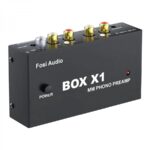 FOSI AUDIO BOX X1 Phono MM FOSI AUDIO BOX X1 Phono MM Preamplifier Product details Converts Phono Signals: Compact ultra-low noise phono turntable preamp that converts phono signals to line-level signals with Low-noise integrated circuits and high-quality components to remove low-frequency noise to ensure clear sound quality. Designed with a grounding post to protect your turntable. Features Power Switch & 3.5MM Headphone Output: The unique power switch button design is very convenient to use. You can enjoy high-quality music with headphones through the 3.5 mm headphone output. Note: RCA line output and AUX headphone output can be output simultaneously. 3.5MM / RCA Output: BOX X1 supports MM turntable input, 3.5MM headphone output, and RCA line output for powered speakers. Note: You can connect a power amplifier through the 3.5MM or RCA output, then connect the passive speakers. MM Phono Preamplifier & DC12V Power Adapter: Output Voltage Level: 2V max (P-P) at 10K Ohms, SNR: 70dB, THD: ≤0.08% @ 1kHz and 3mV, Frequency Response: Standard RIAA. Equipped with DC12V high-quality power supply. Easy quick setup for all MM (moving magnet) cartridges, Metal Aluminum case protects the unit from vibrations and electromagnetic interference.