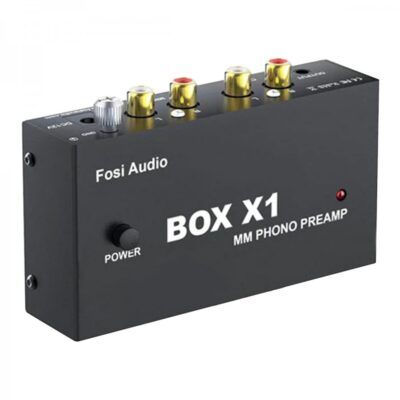 FOSI AUDIO BOX X1 Phono MM FOSI AUDIO BOX X1 Phono MM Preamplifier Product details Converts Phono Signals: Compact ultra-low noise phono turntable preamp that converts phono signals to line-level signals with Low-noise integrated circuits and high-quality components to remove low-frequency noise to ensure clear sound quality. Designed with a grounding post to protect your turntable. Features Power Switch & 3.5MM Headphone Output: The unique power switch button design is very convenient to use. You can enjoy high-quality music with headphones through the 3.5 mm headphone output. Note: RCA line output and AUX headphone output can be output simultaneously. 3.5MM / RCA Output: BOX X1 supports MM turntable input, 3.5MM headphone output, and RCA line output for powered speakers. Note: You can connect a power amplifier through the 3.5MM or RCA output, then connect the passive speakers. MM Phono Preamplifier & DC12V Power Adapter: Output Voltage Level: 2V max (P-P) at 10K Ohms, SNR: 70dB, THD: ≤0.08% @ 1kHz and 3mV, Frequency Response: Standard RIAA. Equipped with DC12V high-quality power supply. Easy quick setup for all MM (moving magnet) cartridges, Metal Aluminum case protects the unit from vibrations and electromagnetic interference.