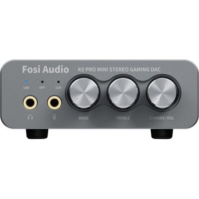 FOSI AUDIO K5 PRO GAMING DACFosi Audio USB DAC Headphone Amp Combo
Input: USB-C/OPT/COA/3.5MM Microphone; Output: RCA/3.5mm Headphone; OPT/COASampling Rate: up to 24bit/192 kHz
Output power: 1000mw@16Ω, 500mw@32Ω, 300mw@64Ω, 150mw@128Ω, 80mw@300Ω;
THD: <0.003%; S/N: >110db; Frequency response: 20Hz-20kHz;Recommended headphone impedance: 16-300Ω
Description
The upgraded version for Fosi Audio Q4 adds microphone function, K5 Pro headphone DAC amp combo, next-generation audio converter with unrivaled internals, more outstanding performance, and richer audio details. Born for Gaming. K5 Pro stereo DAC headphone amplifier is perfect for your home gaming system, equivalent to an external sound card, suitable for PS5/Computers/PC/MAC/Nintendo Switch/active speakers, etc;
K5 Pro USB DAC converts USB Type C/Optical/Coaxial signals to 3.5MM AUX and RCA signals with low distortion and great dynamic range. Unique design: 2-in-1 USB Type C interface charging port and audio input means K5 Pro is compatible with your phones. RCA output can be connected to an amplifier or powered speakers on your desktop. 3.5 MM AUX and microphone interface can drive 16 Ohm to 300 Ohm headphones;
K5 Pro headphone DAC adopts the Texas Instruments NE5532 op-amp chip. The circuit design implementing this DAC has been optimized for a low-noise floor and clean sound. Compared to the last generation Q4, K5 Pro has noticeably improved on overall sound quality, so you can get immersed in your music even more easily;
Product Specifications: K5 Pro with master volume/bass/treble control and input mode switch. USB Type C/Optical/Coaxial sampling rate: up to 24 bit/192 kHz, THD ≤0.003%, SNR ≥110dB. Output power: 1000mw@16Ω, 500mw@32Ω, 300mw@64Ω, 150mw@128Ω, 80mw@300Ω;
What You Get: K5 Pro headphone DAC amp x1, 3.5MM headphone splitter x1, 2-in-1 USB Type A/C to Type C cable x1, User Manual x1, Optical Cable x1, our worry-free 24-month warranty, and friendly customer service.