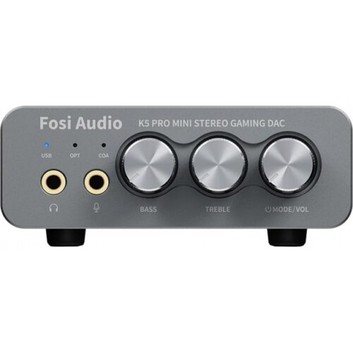 FOSI AUDIO K5 PRO GAMING DAC Fosi Audio USB DAC Headphone Amp Combo Input: USB-C/OPT/COA/3.5MM Microphone; Output: RCA/3.5mm Headphone; OPT/COASampling Rate: up to 24bit/192 kHz Output power: 1000mw@16Ω, 500mw@32Ω, 300mw@64Ω, 150mw@128Ω, 80mw@300Ω; THD: 110db; Frequency response: 20Hz-20kHz；Recommended headphone impedance: 16-300Ω Description The upgraded version for Fosi Audio Q4 adds microphone function, K5 Pro headphone DAC amp combo, next-generation audio converter with unrivaled internals, more outstanding performance, and richer audio details. Born for Gaming. K5 Pro stereo DAC headphone amplifier is perfect for your home gaming system, equivalent to an external sound card, suitable for PS5/Computers/PC/MAC/Nintendo Switch/active speakers, etc; K5 Pro USB DAC converts USB Type C/Optical/Coaxial signals to 3.5MM AUX and RCA signals with low distortion and great dynamic range. Unique design: 2-in-1 USB Type C interface charging port and audio input means K5 Pro is compatible with your phones. RCA output can be connected to an amplifier or powered speakers on your desktop. 3.5 MM AUX and microphone interface can drive 16 Ohm to 300 Ohm headphones; K5 Pro headphone DAC adopts the Texas Instruments NE5532 op-amp chip. The circuit design implementing this DAC has been optimized for a low-noise floor and clean sound. Compared to the last generation Q4, K5 Pro has noticeably improved on overall sound quality, so you can get immersed in your music even more easily; Product Specifications: K5 Pro with master volume/bass/treble control and input mode switch. USB Type C/Optical/Coaxial sampling rate: up to 24 bit/192 kHz, THD ≤0.003%, SNR ≥110dB. Output power: 1000mw@16Ω, 500mw@32Ω, 300mw@64Ω, 150mw@128Ω, 80mw@300Ω; What You Get: K5 Pro headphone DAC amp x1, 3.5MM headphone splitter x1, 2-in-1 USB Type A/C to Type C cable x1, User Manual x1, Optical Cable x1, our worry-free 24-month warranty, and friendly customer service.