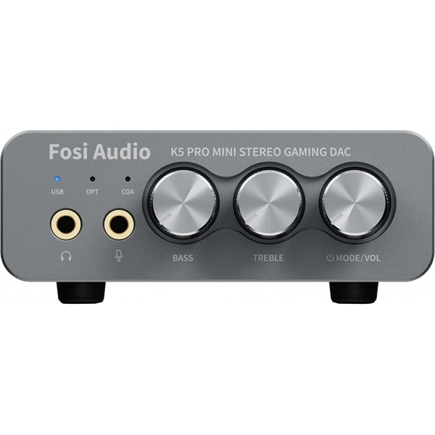 FOSI AUDIO K5 PRO FOSI AUDIO K5 PRO GAMING DAC Fosi Audio USB DAC Headphone Amp Combo Input: USB-C/OPT/COA/3.5MM Microphone; Output: RCA/3.5mm Headphone; OPT/COASampling Rate: up to 24bit/192 kHz Output power: 1000mw@16Ω, 500mw@32Ω, 300mw@64Ω, 150mw@128Ω, 80mw@300Ω; THD: 110db; Frequency response: 20Hz-20kHz;Recommended headphone impedance: 16-300Ω Description The upgraded version for Fosi Audio Q4 adds microphone function, K5 Pro headphone DAC amp combo, next-generation audio converter with unrivaled internals, more outstanding performance, and richer audio details. Born for Gaming. K5 Pro stereo DAC headphone amplifier is perfect for your home gaming system, equivalent to an external sound card, suitable for PS5/Computers/PC/MAC/Nintendo Switch/active speakers, etc; K5 Pro USB DAC converts USB Type C/Optical/Coaxial signals to 3.5MM AUX and RCA signals with low distortion and great dynamic range. Unique design: 2-in-1 USB Type C interface charging port and audio input means K5 Pro is compatible with your phones. RCA output can be connected to an amplifier or powered speakers on your desktop. 3.5 MM AUX and microphone interface can drive 16 Ohm to 300 Ohm headphones; K5 Pro headphone DAC adopts the Texas Instruments NE5532 op-amp chip. The circuit design implementing this DAC has been optimized for a low-noise floor and clean sound. Compared to the last generation Q4, K5 Pro has noticeably improved on overall sound quality, so you can get immersed in your music even more easily; Product Specifications: K5 Pro with master volume/bass/treble control and input mode switch. USB Type C/Optical/Coaxial sampling rate: up to 24 bit/192 kHz, THD ≤0.003%, SNR ≥110dB. Output power: 1000mw@16Ω, 500mw@32Ω, 300mw@64Ω, 150mw@128Ω, 80mw@300Ω; What You Get: K5 Pro headphone DAC amp x1, 3.5MM headphone splitter x1, 2-in-1 USB Type A/C to Type C cable x1, User Manual x1, Optical Cable x1, our worry-free 24-month warranty, and friendly customer service.