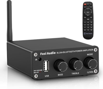 Fosi Audio BL20A Fosi Audio BL20A Bluetooth USB Power Amplifier. Product details Fosi Audio BL20A is a powerful Bluetooth 5.0 HiFi stereo amplifier with AUX pre-output, which can be used as a pre-amplifier. Design Treble & Bass control and remote control to meet your more needs. The BL20A power amplifier supports AUX/U-Disk/Bluetooth input, suitable for most home passive speakers. Using two low-distortion TPA3116 high-performance chips to display ultra-high-definition sound quality. Let’s join the audiophile’s music journey with Fosi Audio BL20A Amp