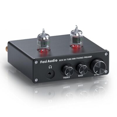 Fosi Audio Box X4 MM Fosi Audio Box X4 MM Turntable Phono Preamplifier. The updated version for BOX X2. Next-generation phono preamp for unrivaled sound quality. JAN 5654W Tube MM Phono Preamplifier: The BOX X4 phono preamp supports 3.5MM AUX and MM turntable input, converting phono signals to Line Level signals with low-noise integrated circuits and high-quality components to remove low-frequency noise ensure clear sound quality. Designed with a grounding post to protect your turntable. Tube Headphone Amplifier & Preamplifier: The BOX X4 is designed with a 3.5MM AUX headphone and RCA output, highly useful beyond imagination. Applicable Vacuum Tube Model: 5654W/6K4/6J1/6J4/GE5654/6AK5/66*In vacuum tubes, etc. You can replace the vacuum tubes to DIY your stereo system. Different tubes with different sounds.