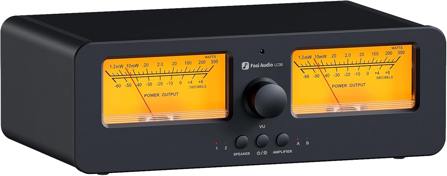 Fosi Audio LC30 VU Fosi Audio LC30 VU Fosi Audio LC30 VU Meter Amplifier Speaker Selector. Features Dual VU meters with 5 levels Support multiple amplifiers with ease Deliver pure sound with 250W/channel Switch amps and speakers with one tap Effortless lSwitch Between Two Sets of Amplifiers/Speakers The LC30 was specially developed to cater to our audiophile fans‘ requests to complement your home audio system setup. It can serve as an amp/speaker selector or a pure VU meter allowing you to enjoy the vibrant audio-visual feast. Supported Amplifier Types: BTL, Class A, Class B, Class AB, Class D and tube amplifiers, etc. Maximum Power Support: 250W@4Ω per channel VU Meter Brightness Adjustment: 5 levels(100%, 75%, 50%, 25%, Off) Power Supply Voltage: DC 5V USB-C Each channel supports up to 250W, ensuring strength and clarity in your music. Dual 85*45mm VU meters offer real-time feedback on left and right channel signal strength. Can accommodate Fosi Audio compact amplifiers on the top, offering versatile configuration options.