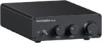 Fosi Audio TB10D Fosi Audio TB10D 2 Channel Stereo Amplifier, Class D 32 Volt/5 Amp. If you want to play your favorite songs entertainingly, a mini stereo amplifier is the best way to go. Fosi Audio TB10D is an analog input(RCA) Class-D audio amplifier that easy to install to build your home audio sound system. MAX Power Output up to 600Watts. TB10D adopts TI TPA3255 high-performance Class-D power amplifier chip enabling true premium sound quality. TPA3255 features an advanced integrated feedback design and proprietary high-speed gate driver error correction (PurePath Ultra-HD). This technology allows ultra low distortion across the audio band and superior audio quality. The device is operated in AD-mode, and can drive up to 2 x 300 W into 4-Ω load at 10% THD and 2 x 150 W unclipped into 8-Ω load. The high-efficient 2.0CH 300Wx2 desktop power amplifier can drive almost home large passive bookshelf speakers ensuring top-notch sound quality and is compatible with most sound equipment such as computers, DVDs, CD players, PC, laptops, TV, etc. Mini classic simple design with bass, treble, and volume control. Replaceable Knobs: ORANGE KNOB, GREY KNOB. On the rear are banana plug connectors that can also accept a raw wire. What you Get: TB10D amplifier x1, User Manual x1, 32V/5A Power Adapter x1(Note: You need a more powerful power supply to get the MAX 300W x2 power output, such as 48V/10A. The plug of the power adapter will match the country of your delivery address), AC Cord x1, 24-month worry-free warranty, and friendly customer service. Tips: If you’re in need of a Bluetooth amplifier, you can check out the BT20A PRO. It also has the same chip and power output, with the added feature of a PRE-OUT.