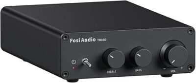 Fosi Audio TB10D Fosi Audio TB10D 2 Channel Stereo Amplifier, Class D 32 Volt/5 Amp. If you want to play your favorite songs entertainingly, a mini stereo amplifier is the best way to go. Fosi Audio TB10D is an analog input(RCA) Class-D audio amplifier that easy to install to build your home audio sound system. MAX Power Output up to 600Watts. TB10D adopts TI TPA3255 high-performance Class-D power amplifier chip enabling true premium sound quality. TPA3255 features an advanced integrated feedback design and proprietary high-speed gate driver error correction (PurePath Ultra-HD). This technology allows ultra low distortion across the audio band and superior audio quality. The device is operated in AD-mode, and can drive up to 2 x 300 W into 4-Ω load at 10% THD and 2 x 150 W unclipped into 8-Ω load. The high-efficient 2.0CH 300Wx2 desktop power amplifier can drive almost home large passive bookshelf speakers ensuring top-notch sound quality and is compatible with most sound equipment such as computers, DVDs, CD players, PC, laptops, TV, etc. Mini classic simple design with bass, treble, and volume control. Replaceable Knobs: ORANGE KNOB, GREY KNOB. On the rear are banana plug connectors that can also accept a raw wire. What you Get: TB10D amplifier x1, User Manual x1, 32V/5A Power Adapter x1(Note: You need a more powerful power supply to get the MAX 300W x2 power output, such as 48V/10A. The plug of the power adapter will match the country of your delivery address), AC Cord x1, 24-month worry-free warranty, and friendly customer service. Tips: If you’re in need of a Bluetooth amplifier, you can check out the BT20A PRO. It also has the same chip and power output, with the added feature of a PRE-OUT.