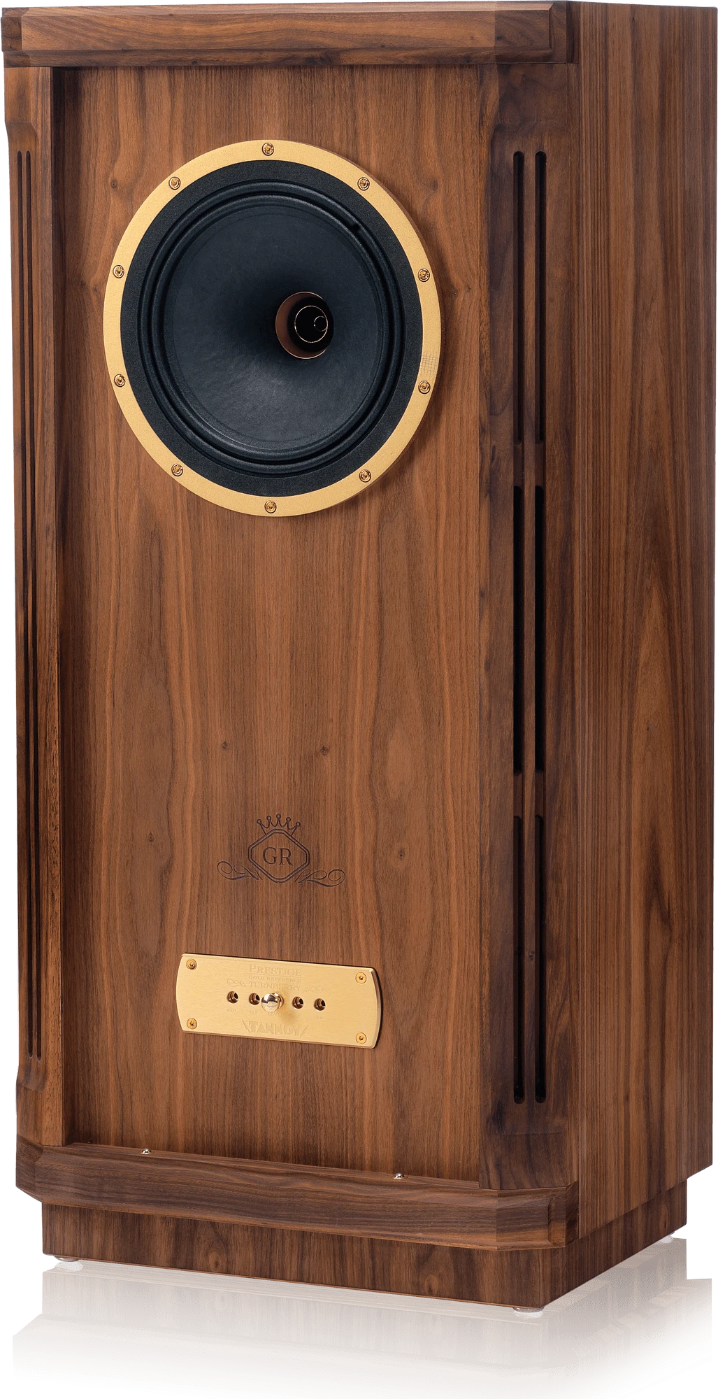 Tannoy TURNBERRY GR-OW Tannoy TURNBERRY GR-OW 2 way floorstanding loudspeaker for medium to large sized rooms Dual Concentric driver technology provides class-leading coherence and point-source imaging 10″ highly efficient driver with 93 dB/Watt sensitivity and 400 Watt peak power handling deliver breath-taking dynamics and realism Tulip Waveguide with 33mm aluminium-magnesium dome enhances the point source symmetrical dispersion properties, providing exceptional high frequency clarity and articulation Low frequency paper pulp cone with twin roll fabric surround provide natural sounding midrange and bass transient performance Handcrafted oiled walnut veneered cabinet with walnut inlays provides a unique and timeless piece of furniture capacitors, low loss laminated core inductors and close tolerance wirewound resistors delivering a more natural and cohesive sound Custom gold plated bi-wireable binding posts to improve signal transmission and integrity Fifth binding post provides grounding to reduce radio frequency interference and improve midrange clarity High density particle board cabinet provides extreme rigidity to control low frequency performance Distributed Port system gives powerful and extended low frequency performance Extensive bracing incorporating DMT (Differential Materials Technology) to couple drivers to cabinets Precision machined gold anodised aluminium adjustment panel metal trim complements the aesthetic of the real wood cabinet Specially formulated Prestige wood wax provided to keep cabinet in pristine condition Tannoy – around 100 years of British sound heritage and innovation